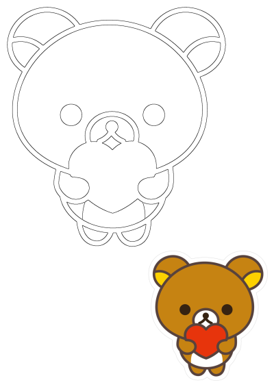 A delightful Rilakkuma bear holding a red heart, featured as a vibrant cartoon and a matching black outline design.