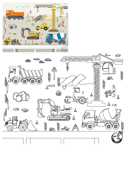 Colorful cartoon construction site wallpaper for a child's room, featuring a crane, dump truck, excavator, bulldozer, and cement mixer.