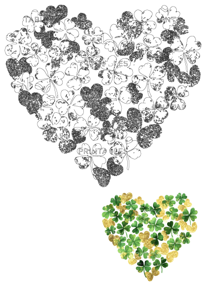 St. Patrick's Day design with two hearts: a printable outline of shamrocks and gold glitter hearts, and a vibrant colored version.
