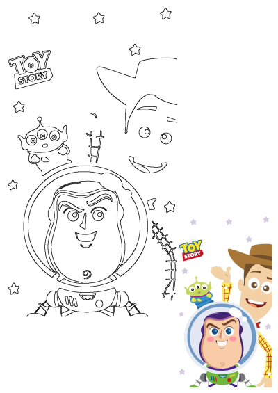 Outline art of Toy Story characters Buzz Lightyear, Woody, and Alien, complemented by a vibrant small character illustration.