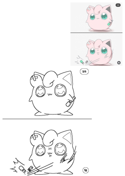 A pink Jigglypuff Pokemon cartoon character, with a bandage on its head, uses a toothbrush to clean or erase in a series of drawings.