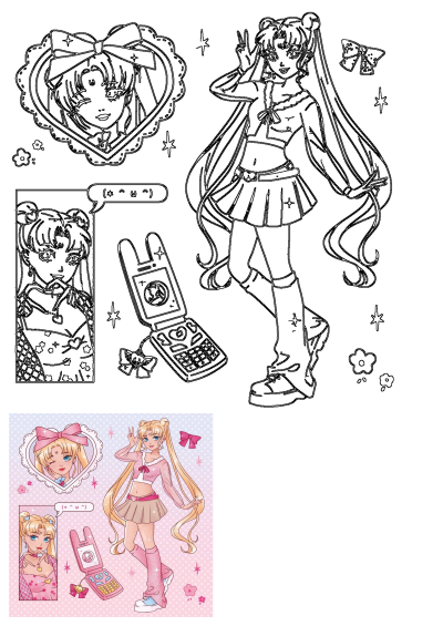 Vanessatrif Sailor Moon fan art in a pink Y2K aesthetic. Usagi Tsukino poses in modern fashion with a flip phone and starry details.