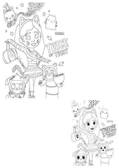 Gabby's Dollhouse Halloween scene featuring Gabby and her cat friends Pandy Paws, Cakey Cat, and Mercat trick-or-treating in costumes.