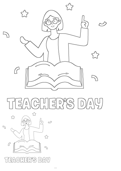 Line art of a woman teacher with glasses, standing behind an open book, surrounded by stars, celebrating Teacher's Day.