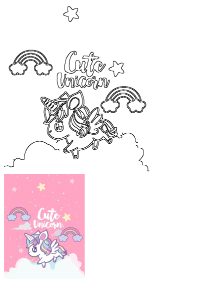 An adorable flying unicorn with a rainbow mane and wings, surrounded by fluffy clouds, bright rainbows, and sparkling stars.