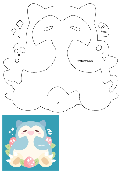 Cute Snorlax Pokemon sitting with green leaves and pink spotted mushrooms. Adorable light blue Snorlax on teal. Design outline included.