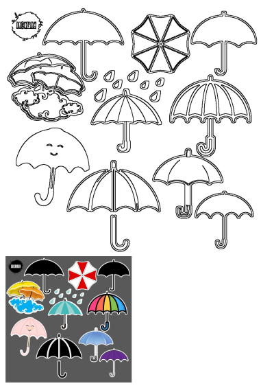 A delightful collection featuring vibrant, colorful umbrellas with cute faces, alongside various black and white umbrella outlines and designs.