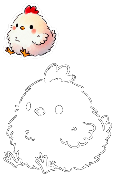 Fluffy white baby chicken sticker design with a cute red comb and orange feet. Includes a line art outline for coloring.