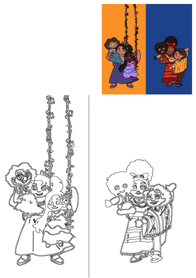 Encanto Madrigal family fanart featuring Mirabel, Luisa, and Dolores on a swing, with Antonio hugging family members.