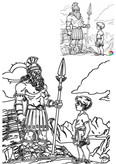 David and Goliath outline art, showing the giant warrior with a spear and the young boy on rocky terrain, perfect for coloring.