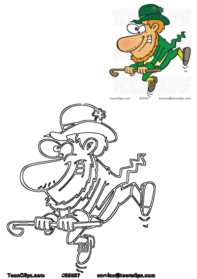 A vibrant cartoon leprechaun in green, with a hat and beard, happily flying or jumping while holding a cane for St. Patrick's Day.