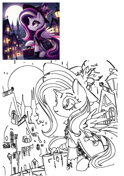 An enchanting My Little Pony witch with purple mane and hat, standing in a moonlit fantasy town with glowing street lanterns.