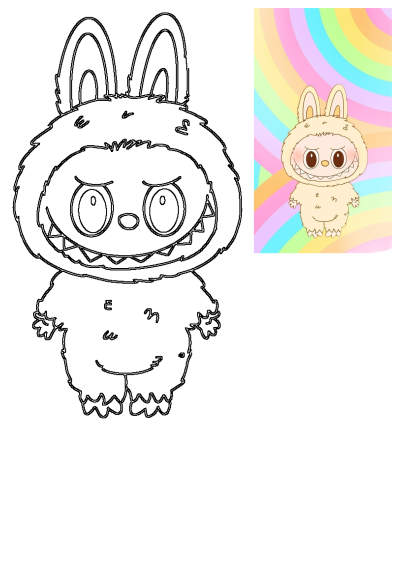 A cream-colored, fluffy cartoon bunny character with big eyes and a mischievous smile stands against a vibrant rainbow background. Includes outline.