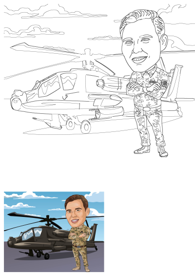 Line art illustration of a smiling military caricature man in camouflage uniform, arms crossed, standing proudly by an attack helicopter.