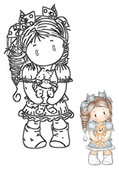 Digital stamp featuring Chloe, a cute girl with pigtails holding a kitten. Perfect for girls' birthday or Mother's Day crafts.