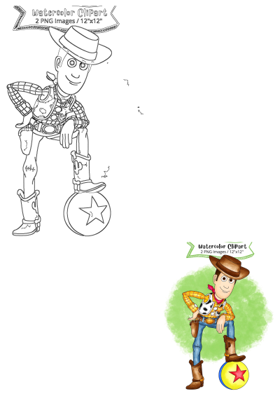 Watercolor and outline clipart of Toy Story's Woody in his cowboy hat, foot on the iconic yellow Pixar ball with a red star.