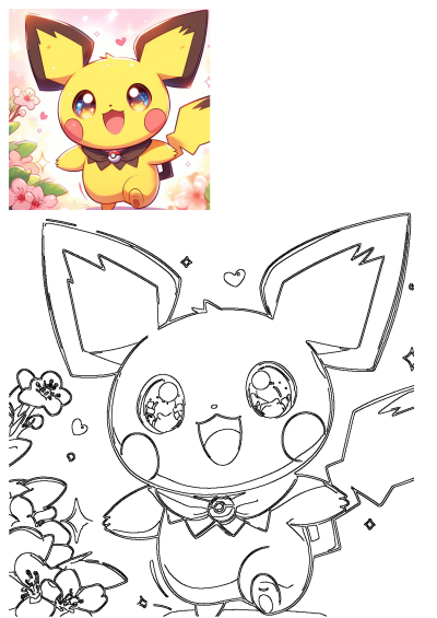 A cute cartoon illustration of a happy Pikachu with sparkling eyes, rosy cheeks, a charming bow tie, and pink flowers.