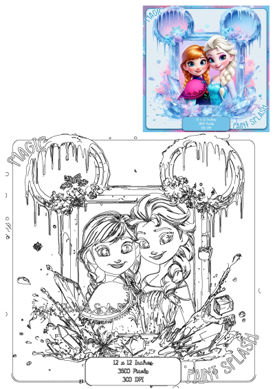 Frozen sisters Anna and Elsa smile in a magical Mickey ears ice frame, surrounded by crystals and paint splashes.