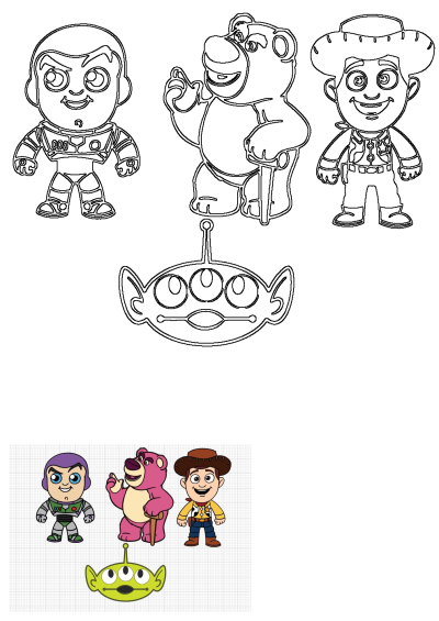 Toy Story cartoon characters Buzz, Lotso, Woody, and Alien, depicted as both black-and-white outlines and colorful designs.