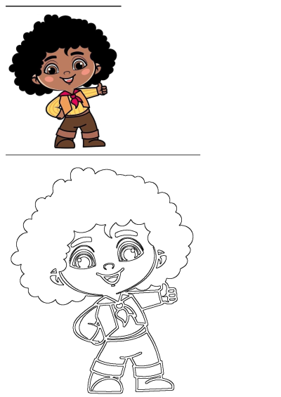 A cute cartoon boy with dark curly hair and brown skin smiles cheerfully, giving a thumbs up gesture. He wears a yellow shirt and red bandana.