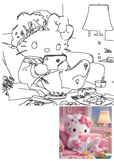 A Hello Kitty doll relaxes on a pink couch, looking at a pink cellphone. Snacks, a drink, and a lamp are on the table next to her, creating a cozy scene.