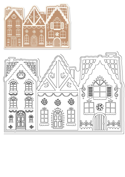 Christmas gingerbread houses illustration showing both a colored version and a detailed black and white outline for crafts.