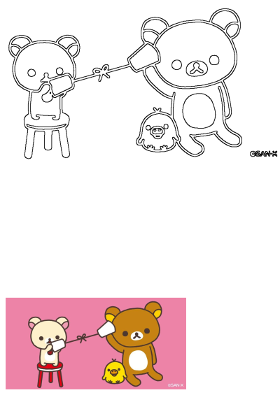 Cute Rilakkuma and Korilakkuma with Kiiroitori play with a paper cup phone. Korilakkuma sits on a stool, Rilakkuma holds the receiver.