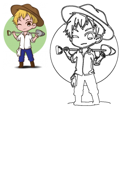 Chibi cartoon boy farmer, blonde, wearing a brown hat, white shirt, blue pants, boots, winking while holding a shovel.