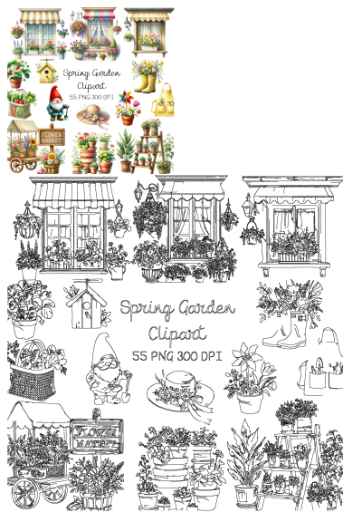 Vibrant spring garden clipart featuring flowers, potted plants, windows, gnomes, market cart, and gardening essentials for commercial use.