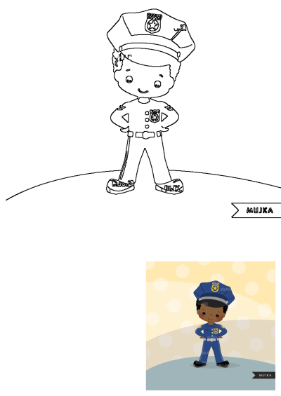 A cute cartoon police officer with dark skin, wearing a blue uniform and cap, stands proudly against a cheerful polka dot background.
