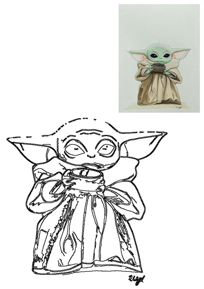 Cute Baby Yoda (Grogu) drawing from Star Wars, holding a cup, with a detailed color version and a line art outline.