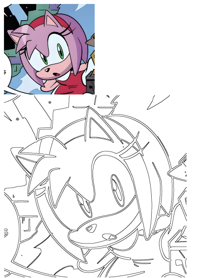 A vibrant cartoon of Amy Rose from Sonic the Hedgehog, featuring her pink fur and green eyes, alongside a detailed line art.
