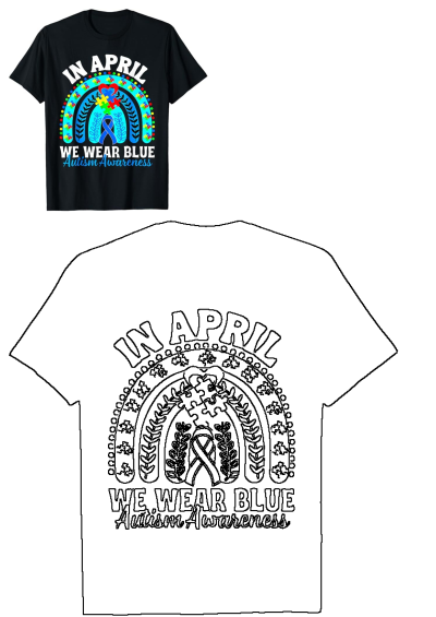 Black t-shirt featuring a colorful rainbow puzzle and blue ribbon for Autism Awareness Month, along with a printable outline version.