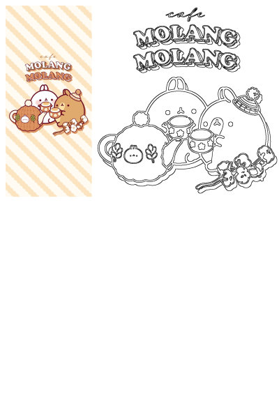 Molang Cafe Tea Party cartoon character wallpaper featuring Molang and friends enjoying tea, in both colorful and outline styles.