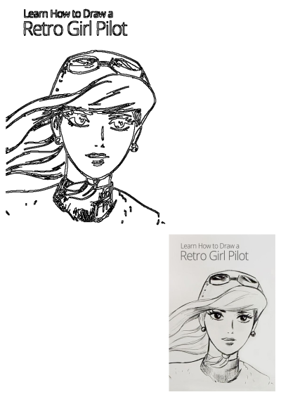 Learn how to draw a retro girl pilot with long flowing hair, wearing a hat with aviator glasses. A stylish drawing guide.