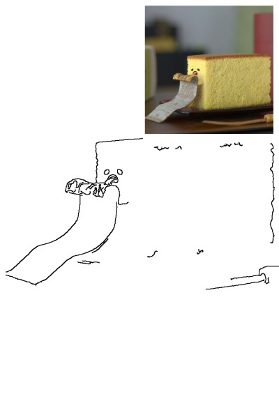 A slice of castella cake with a funny, sad face drawn on it, and a wrapper comically peeling away, making it a cute dessert.