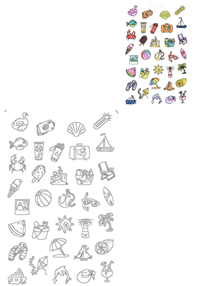 Hand-drawn summer vacation icons featuring beach elements like sun, sandcastle, flip-flops, ice cream, and more for your holiday designs.