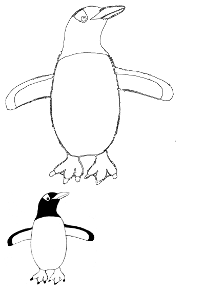 Two simple penguin drawings featuring a detailed outline and a smaller black and white filled illustration on a white background.