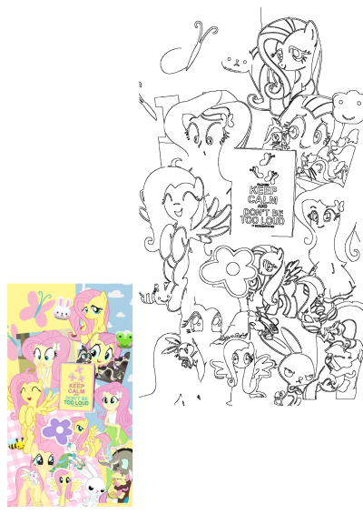 Vibrant Fluttershy pony collage showcasing various images of Fluttershy with her animal friends like Angel Bunny, plus a 'Keep Calm' message, on a cheerful yellow and pink background.