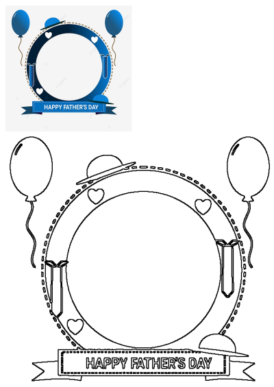 A vibrant Happy Father's Day greeting card design featuring a blue circle frame, balloons, ribbon banner, hearts, and a hat.