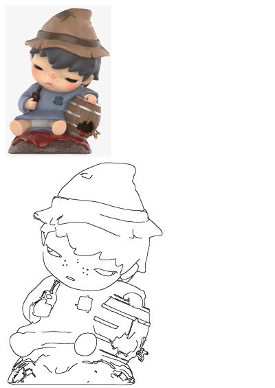 A charming figurine of a boy with a brown hat, blue tunic, and freckles. He holds a small bottle and a wooden barrel with red liquid spilling out onto a stone base.