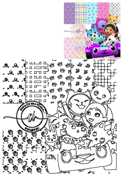 Gabby's Dollhouse characters in a vibrant car with colorful patterns, complemented by a detailed black and white outline for creative projects.