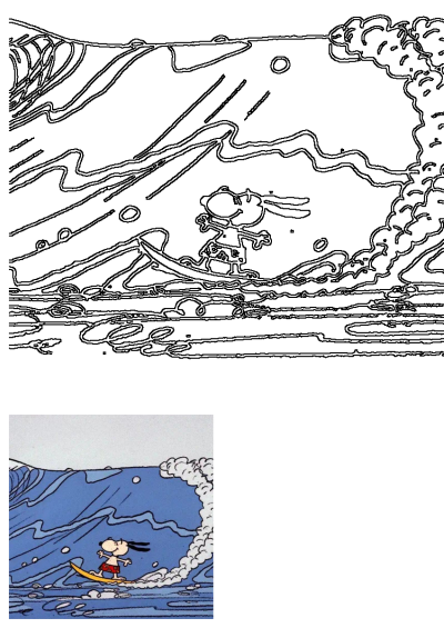 A fun cartoon image of Snoopy from Peanuts surfing a large ocean wave on a yellow surfboard, wearing swim trunks.