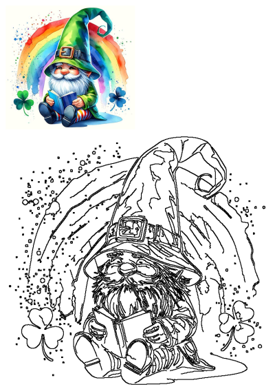 Watercolor gnome reading a book with shamrocks and a rainbow backdrop, perfect for celebrating St. Patrick's Day.