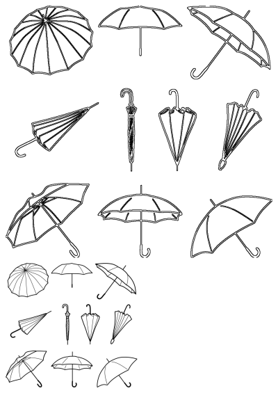 Collection of black and white line art umbrella illustrations in various states, open, closed, and from different angles.