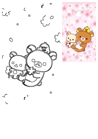 Rilakkuma, Korilakkuma, and Kiiroitori with pink cherry blossoms in a vibrant colored illustration and a matching outline art for tracing.