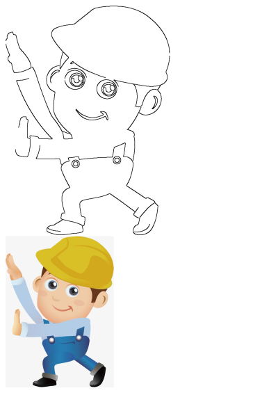 A cheerful cartoon construction worker boy wearing blue overalls and a yellow hard hat. This image also includes an outline version.