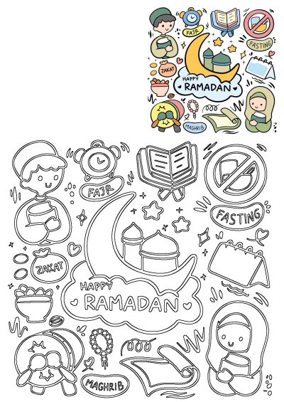 Cute Ramadan doodle illustration featuring moon, stars, mosque, fasting symbols, Zakat, and Muslim children on a white background.