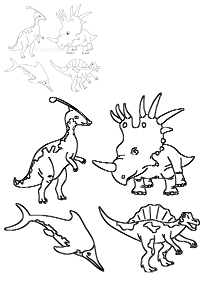 Detailed line art outlines of various prehistoric creatures, including Palaeosaurus, Styracosaurus, Spinosaurus, and an Ichthyosaur marine reptile.