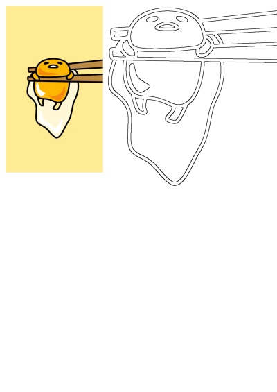 Gudetama lazy egg cartoon character with chopsticks, presented as a colorful illustration and a simple outline image.